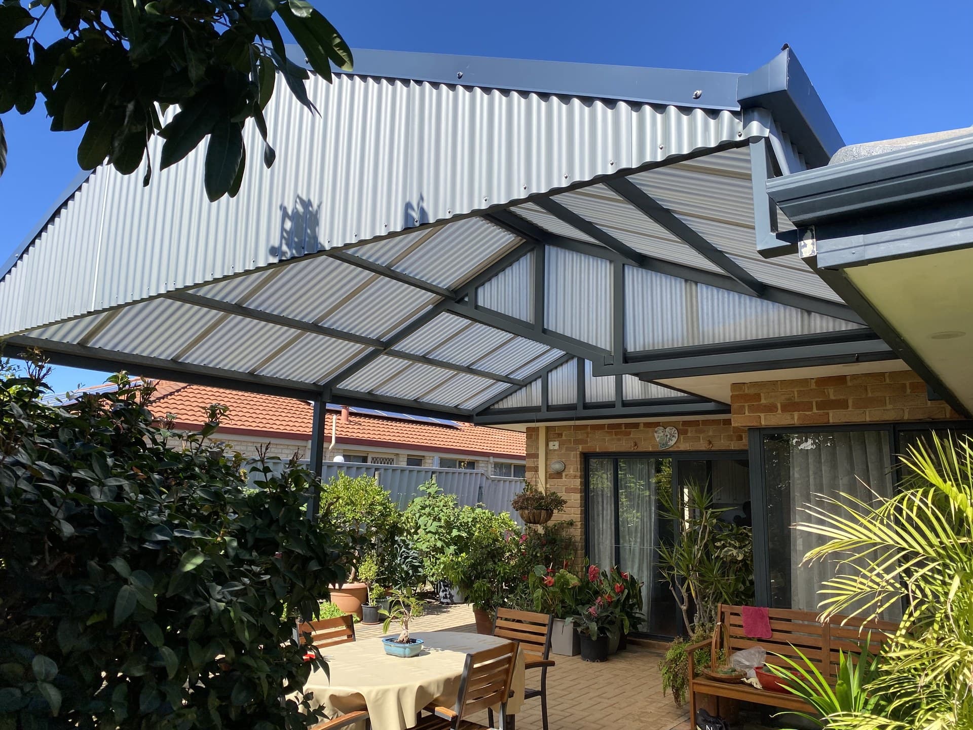Custom gable patio design with detailed steel framing in Perth suburban home
