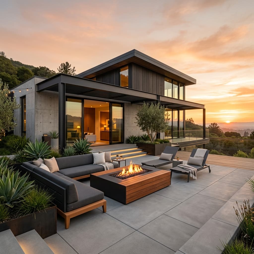 Luxury steel patio installation at golden hour in a Perth, Western Australia home